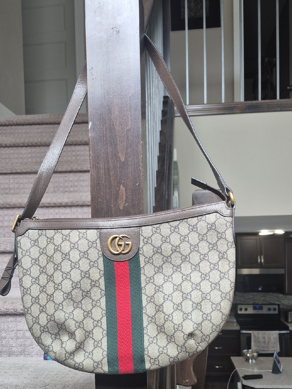 Gucci Beige GG Canvas Shoulder Bag with Green and Red Web
